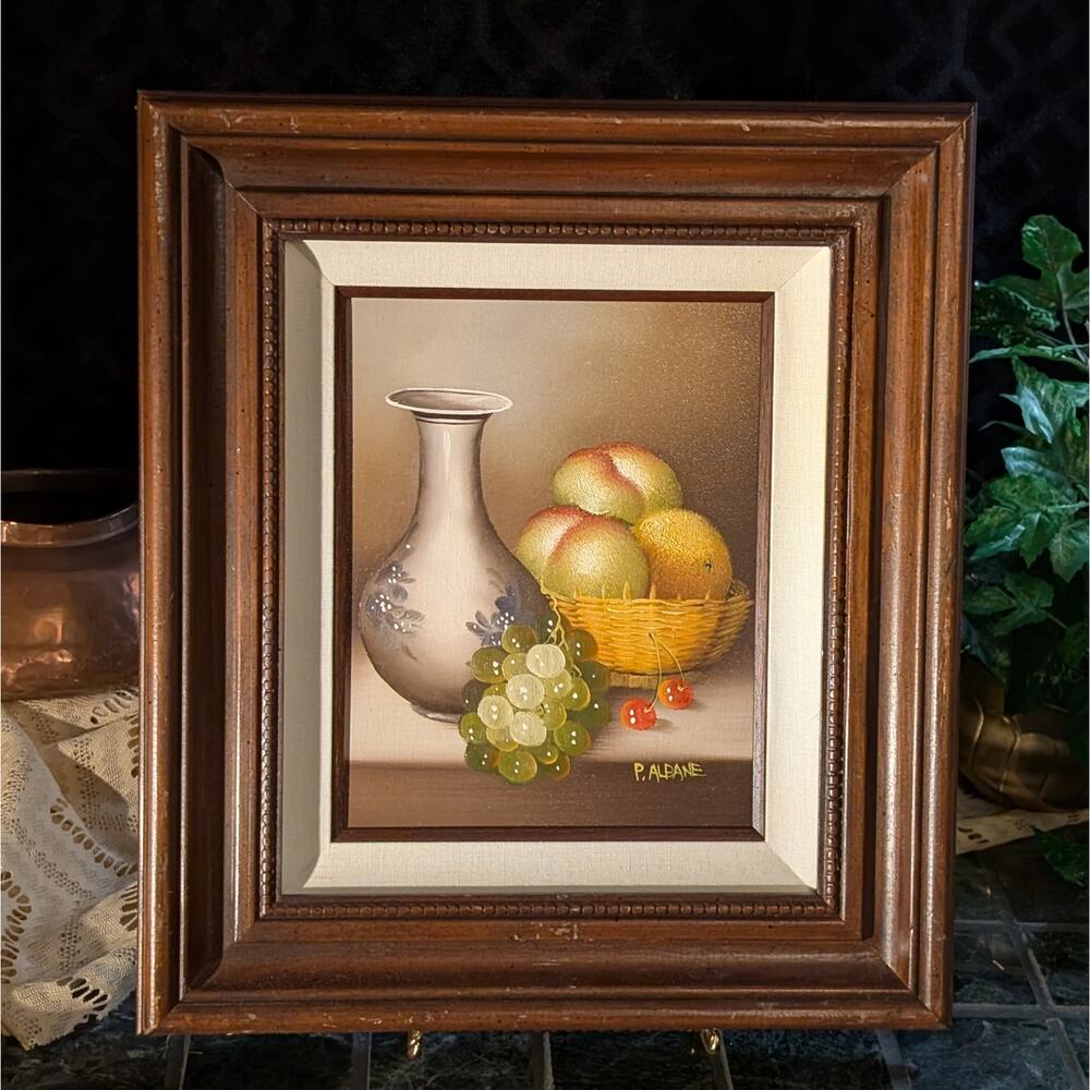 Vintage Framed Still Life Oil Painting 14x16 Fruit Grapes Signed Cottagecore Art